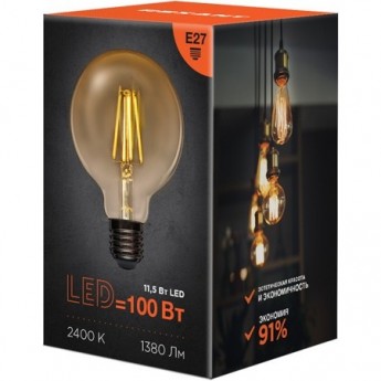 Лампа филаментная REXANT LOFT GLOBE A95 11,5Вт 1380Лм 2400K E27 золотистая колба Лампа филаментная REXANT LOFT GLOBE A95 11,5Вт 1380Лм 2400K E27 золотистая колба