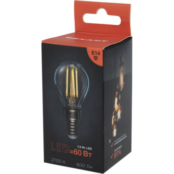 Лампа филаментная REXANT Шарик GL45 7,5Вт 600Лм 2700K E14 диммируемая, прозрачная колба