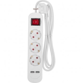Удлинитель REXANT STANDARD 3 гнезда, 1,5м, 3х1,0мм², с/з, с выключателем, 2 USB, белый